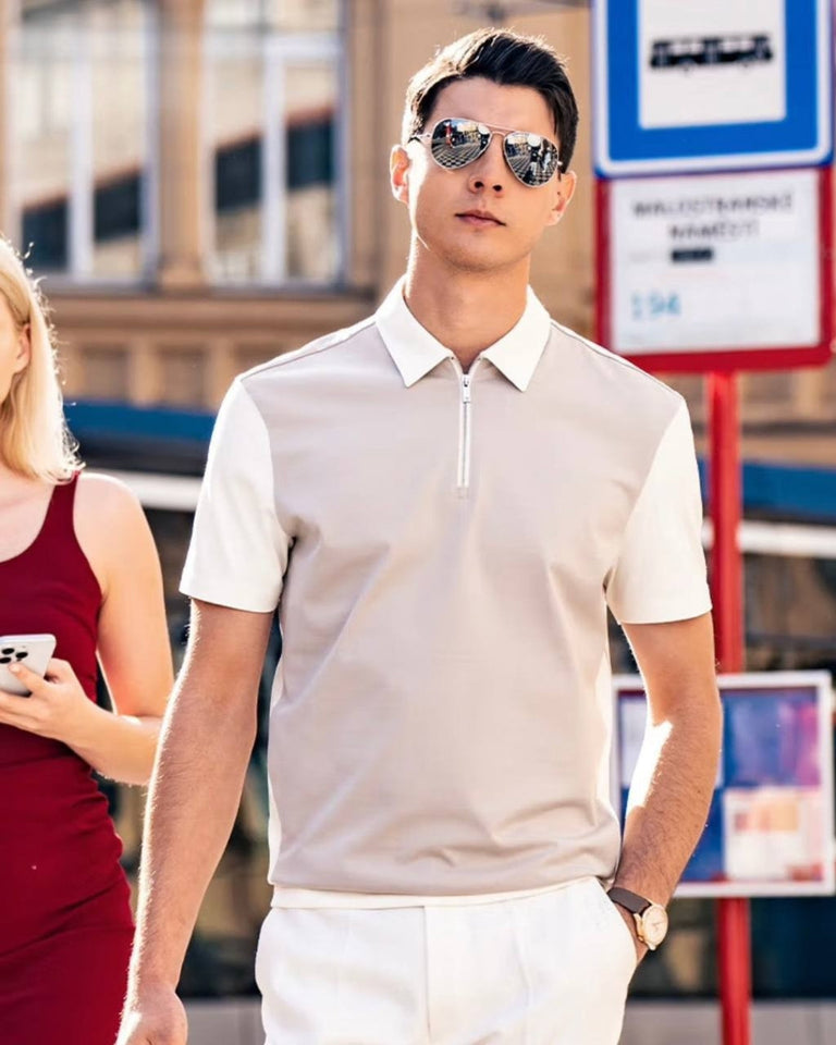 Trixtees Beige Zip-Neck Polo T-Shirt | Premium Cotton Blend | Regular Fit